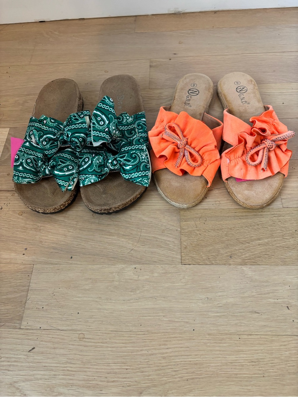 Two Women's Slide Sandals with Ruffled Fabric Tops - Green & Coral